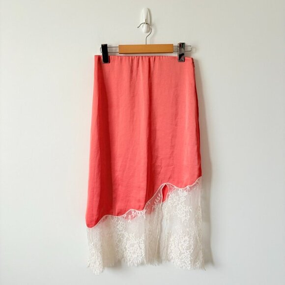 Aritzia Wilfred Sonnet Skirt Satin Midi Skirt with Lace Coral Pink Size 4 - Picture 2 of 5